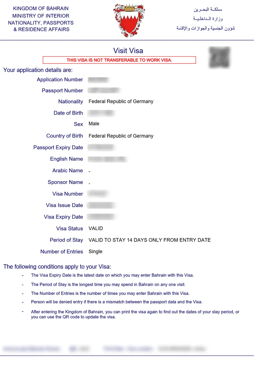 Example of a Bahrain e-Visa document